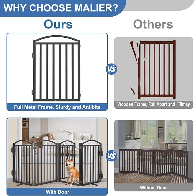 Malier Metal Freestanding Dog Gates with Door, 32'' Height Outdoor Indoor Dog Fences, Extra Wide Foldable Puppy Gate for Stairs (Black, 【6 Panels with Door】 120''W × 32''H)