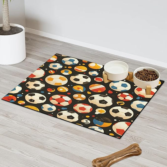 Soccer Ball Dog Food Mat for Floors Absorbent, Quick Dry Water Dispenser Mat for Food, Water, Pet Supplies 12" x 20", Colorful Football