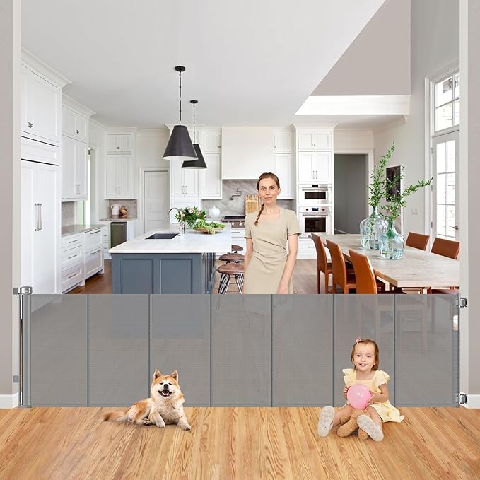 Reinforced 200 Inch Retractable Baby Gate Extra Long Baby Gates for Large Openings Bottom Anti-Crawl 16.7 Ft Outdoor Dog Gates for Doorways Extra Wide Pet Gate Indoor Large Dog Gate Indoor, Gray