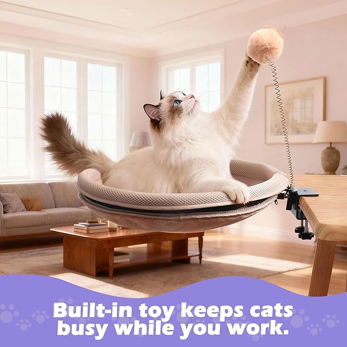 Cat Desk Bed with Teaser Wand, Under Desk Cats Bed Platform with Sturdy Clamp, Space-Saving Cat Perch Mounts Underneath Desk for Large Cats(Khaki)