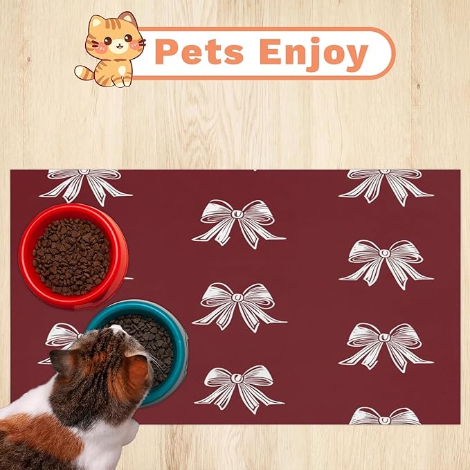 Christmas Bow Dog Food Mat for Floors Absorbent, Quick Dry Water Dispenser Mat for Food, Water, Pet Supplies 17" x 30", Cute Bow