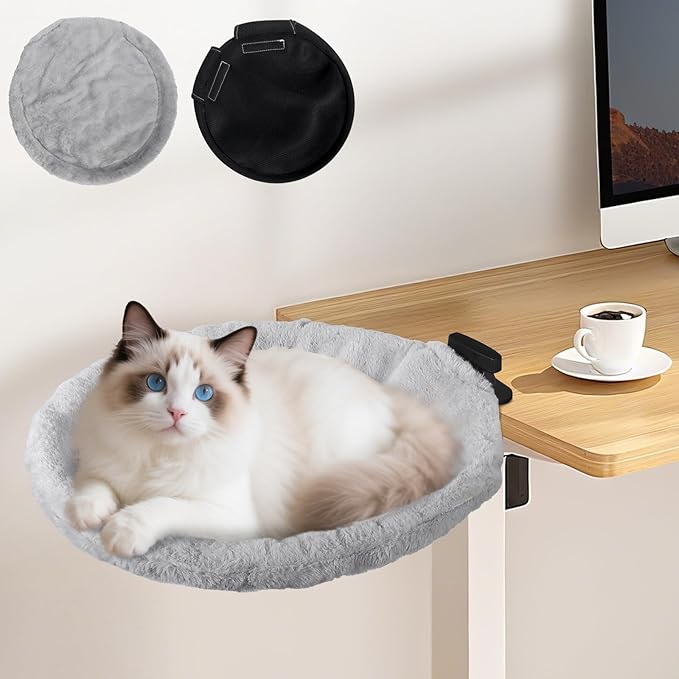 2-in-1 Cat Desk Bed & Bedside Perch (Vertical & Horizontal Clamp), Includes 2 Covers (Winter Plush + Summer Mesh), Sturdy Desk Cat Hammock for Indoor Cats, Holds up to 40 lbs