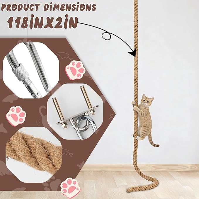 2" x 9.8Ft Cat Climbing Rope with Hook, Natural Sisal Ropes for Ceiling and Wall Mounted, Durable Space Saving Cat Climbing Jute Rope Toy with Scratching Kitten Rope for Indoor and Outdoor