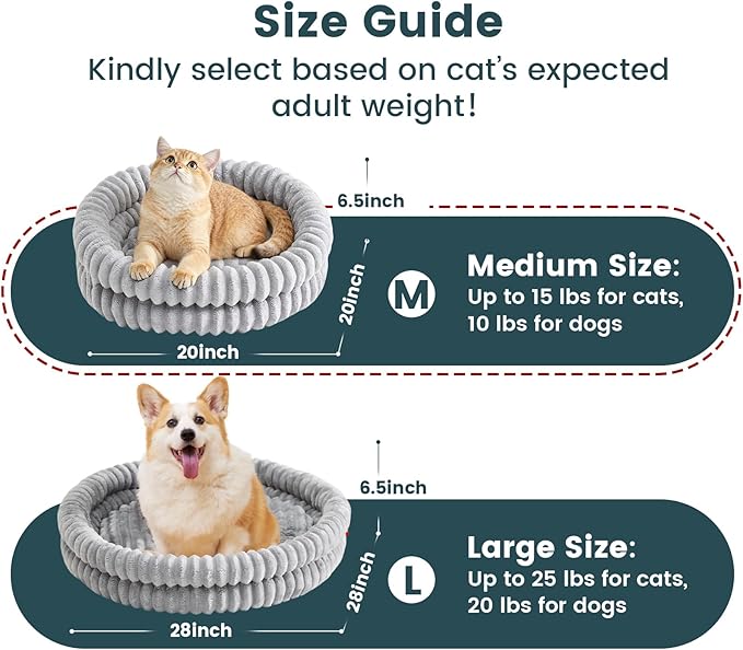 Cat Beds for Indoor Cats, Machine Washable Orthopedic Donut Dog Bed for Small Dogs, Fluffy Round Pet Bed with Anti-Slip Bottom for Puppy and Kitten, Gray, 20"x20"x6.5"