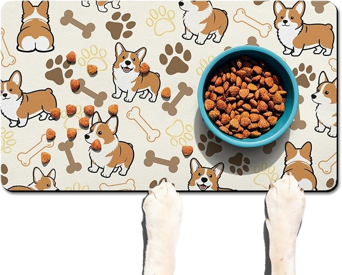 Absorbent Dog Food Mat for Floors, Non-Slip Pet Feeding Mat for Food and Water, Quick Dry Cat Bowl Placemat with Cute Corgi Pattern, No Stains Puppy Water Mat, Pet Supplies (Beige, 17" x 30")