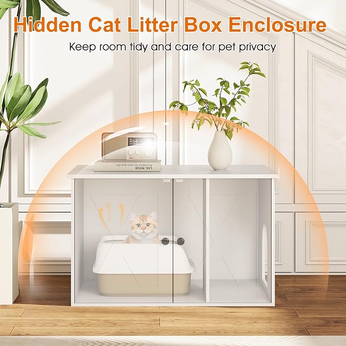 Tangkula Cat Litter Box Enclosure, Hidden Cat Washroom Cabinet with Double Doors, Divider, Side Entry, Indoor Wooden Cat House End Table, Enclosed Litter Box Furniture (White)