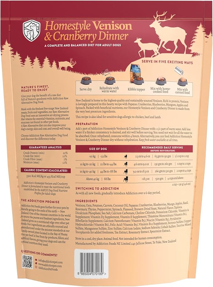 Addiction Homestyle Venison & Cranberry Dinner Raw Alternative Dog Food - Gently Air-Dried Complete Meal or Dog Food Topper for Digestive and Skin and Coat Health, 2 lb