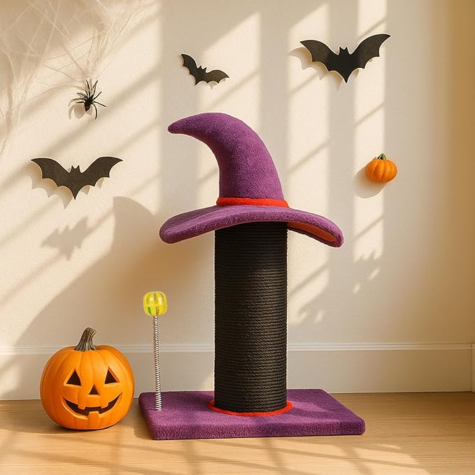 Witch Hat Cat Tree, Halloween Cat Scratching Post with Spring Ball Toy, 24 Inch Purple Cat Tower for Indoor Cats, Sisal-Covered Pet Furniture with Wizard Hat Topper