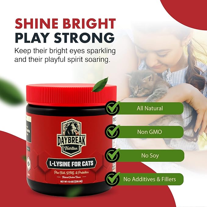L-Lysine for Cats and Kittens - 900 mg L Lysine Powder for Cats for Immunity & Respiratory Support - Cat Supplement with L-Lysine, Prebiotics, Krill, & DMG for Immune System (120 Servings)