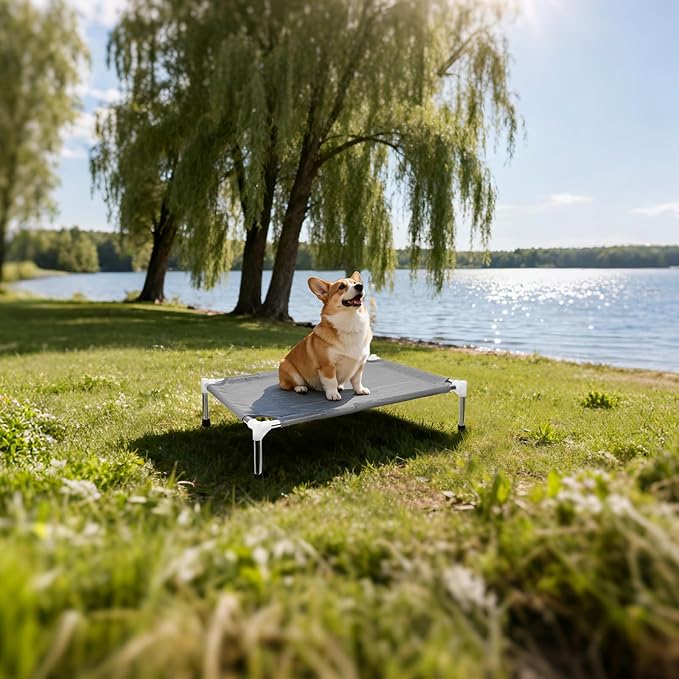 Makerfire Outdoor Elevated Dog Bed, Dog Cots Beds for Small Dogs, Indoor & Outdoor Cooling Raised Pet Bed with Skid-Resistant Feet, Breathable Mesh Fabric (26''L x 19.5''W x 6.4" H)