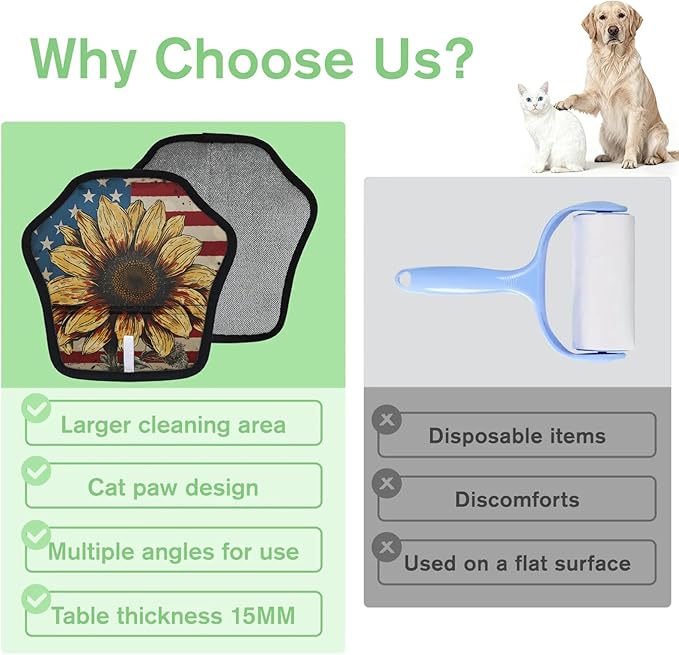 Stars Stripes Sunflower Electrostatic Pet Hair Removal Glove for Cats & Dogs - Reusable Grooming Mitt for Couch, Carpet, Car Seat & Laundry - Large 9x9 Inch