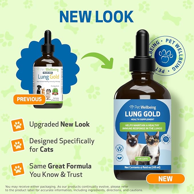 Pet Wellbeing Lung Gold for Cats - Respiratory Support for Feline Lungs, Healthy Immune Defenses Lower Respiratory Tract - NASC Certified & Vet-Formulated - 4 oz Liquid