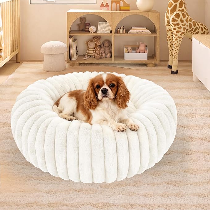 Washable Large Dog Bed,Calming Anti Anxiety Round Donut Dog Bed,Fluffy Puppy Beds for Small Dogs,Cute Kitten Cat Beds for Indoor Cats,Anti-Slip Comfort Pet Beds for Large Size(White,XL)