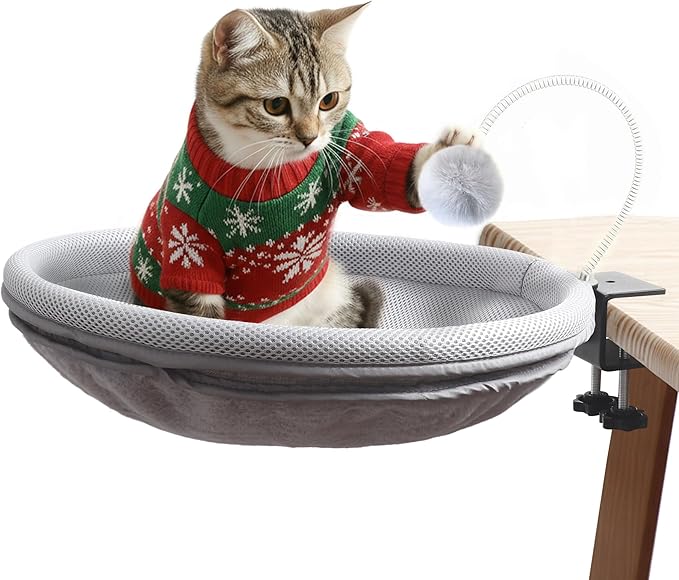 Cat Desk Bed with Teaser Wand, Under Desk Cats Bed Platform with Sturdy Clamp, Space-Saving Cat Perch Mounts Underneath Desk for Large Cats,for Gift,Present(Grey)