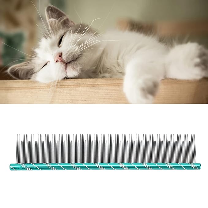 Pet Hair Removal Comb, Stainless Steel Cat Grooming Tool with Dual - Density Teeth, Open Knot Comb for Long and Short Haired Cats, Ergonomic Non - Slip Handle (Green)