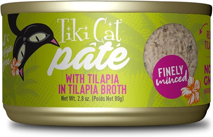 Tiki Cat Luau Pate, Tilapia Recipe in Tilapia Consumme, Grain-Free Balanced Nutrition Wet Canned Cat Food, for All Life Stages, 2.8 oz. Can (12 Count)