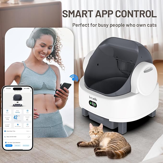 Self Cleaning Cat Litter Box, Open-Top Large Automatic Litter Box for Multiple Cats with Safety Sensors, Includes Liner Bags and Litter Mat White