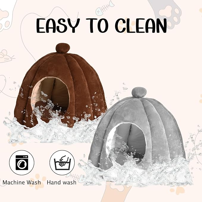 Cat Bed for Indoor Cats - Adorable Cozy Cat Cave with Removable Cushion, Super Soft Pet House Tent for Kittens & Small Pets, Warm & Washable Non-Slip Design(M 17.7 inch Brown)