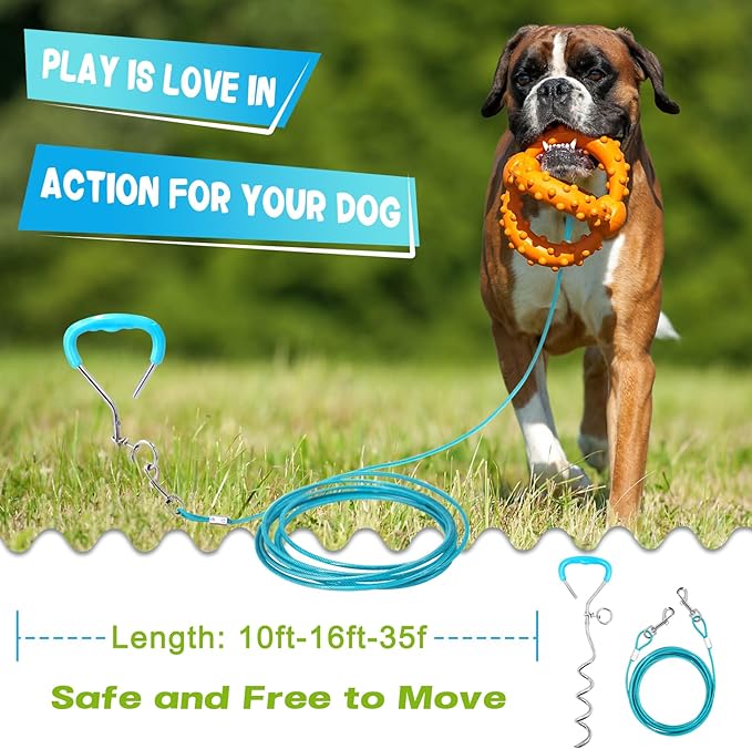 Supet Dog Tie Out Cable and Stake, Heavy Duty Runner with 32/16/10 FT Lead, Long Leash/Tether for Camping Backyard Outdoor Ground, Chain for Medium Large Dogs up to 125lbs