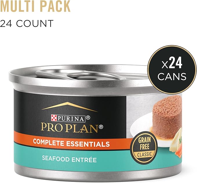 Purina Pro Plan Grain Free, Pate, High Protein Wet Cat Food, Complete Essentials Seafood Entree - (Pack of 24) 3 oz. Cans