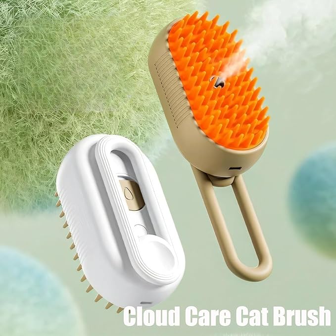 Pet Spritz Cat Defur Comb for Cats Dogs, 3-in-1 Self Cleaning Silicone Cat Steam Brush, Silicone Bristle Head 360° Rotating Pet Steam Brush (Khaki+White)