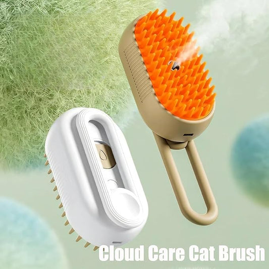 Pet Spritz Cat Defur Comb for Cats Dogs, 3-in-1 Self Cleaning Silicone Cat Steam Brush, Silicone Bristle Head 360° Rotating Pet Steam Brush (Khaki+White)