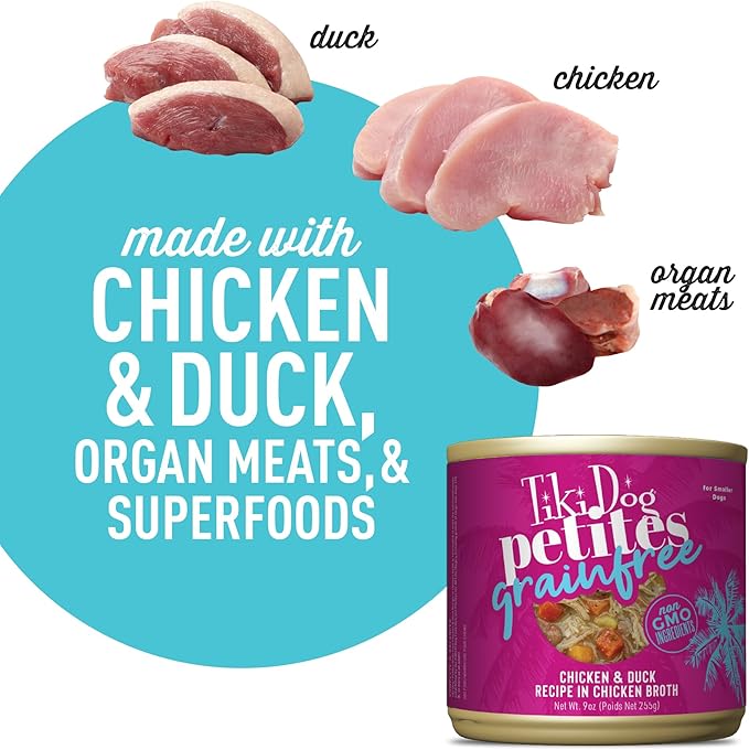 Tiki Dog Petites Grain Free Wet Dog Food, Chicken & Duck, Nutrient Dense Meat, for All Ages and Breeds, 9 oz. Can (8 Count)