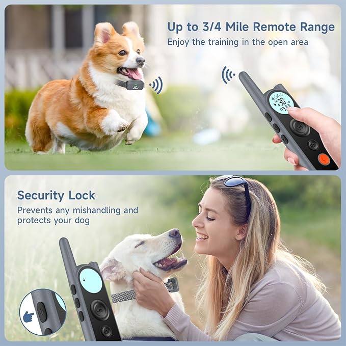 Dog Training Collar for 2 Dogs, Shock Collar with Remote 3/4 Mile, IPX7 Waterproof,3 Modes (Beep, Vibration, Shock),Security Lock,3 Safe Training Modes,LED Light，NO Electronic Fence Function-Gray