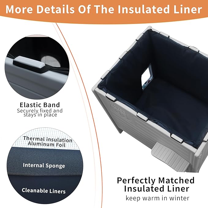Rockever 100% Insulated Outdoor Cat House with Insulated Liner for Winter, Waterproof Feral Cat House for Outdoor Cats, Plastic Cat House for Outdoor Use with Escape Door, Clean Easily(M,Grey&Liner)