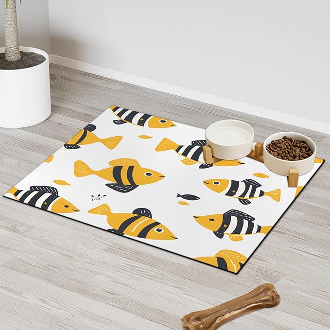 Cute Fish Dog Food Mat for Floors Absorbent Dog Bowl Mat for Food and Water Dispenser Quick Dry Cat Food Placemat Pet Supplies 17" x 30", Ocean