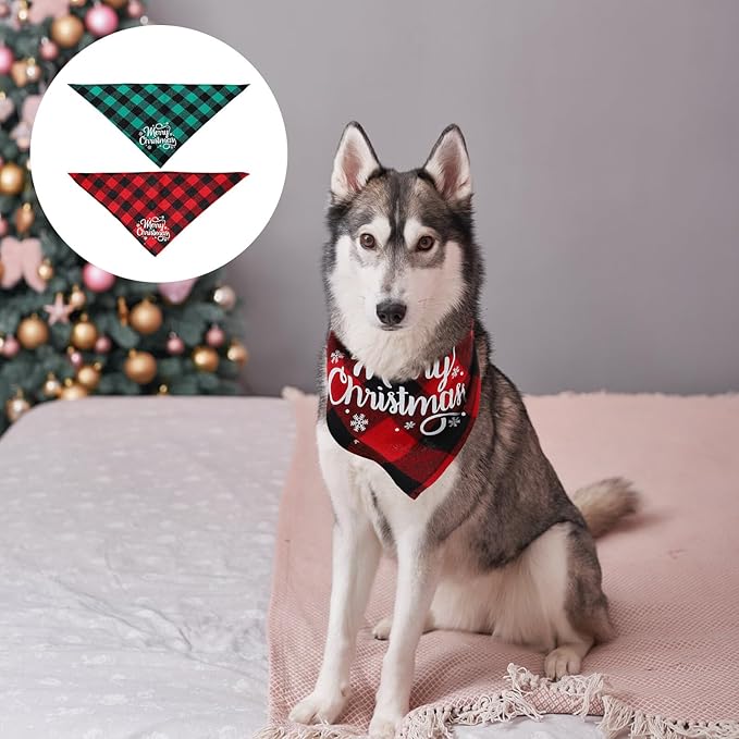 Kichvoe 2pcs Dog Christmas Scarves Plaid Triangle Bibs Double-Sided Cotton Pet Bandanas for Holiday Supplies and Festive Dog Apparel