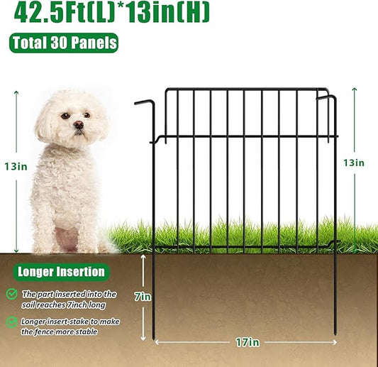 42.5Ft (L) x 20in (H) Decorative Garden Fence 30 Pack Metal Wire Rustproof Small Animal Barrier Fence 1.55" Gap Easy Assembly Patio Yard Seedlings Protection Fencing Border Black
