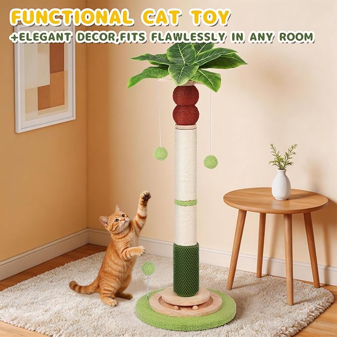 41'' Tall Cat Scratching Post,3.3'' Wide Sisal Rope Scratching Post for Indoor Adults Kittens,Cat Scratcher Tree with Stable Solid Wood Base Interactive Ball Toys Self Groomer Brush for Large Cats