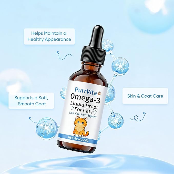 PurrVita Omega-3 Liquid Drops for Cats – Supports Healthy Skin & Coat, Natural Fish Oil Supplement for Feline Wellness 60ml (1)