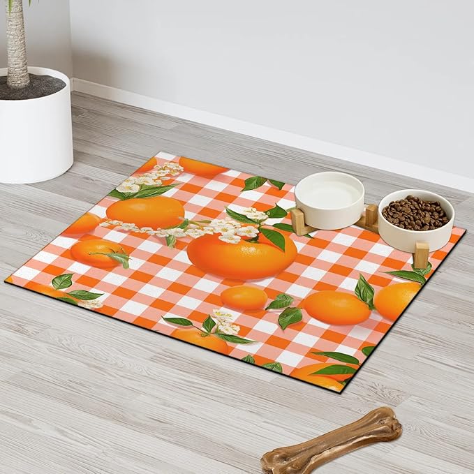 Orange Fruit Dog Food Mat for Floors Absorbent Dog Bowl Mat for Food and Water Dispenser Quick Dry Cat Food Placemat Pet Supplies 16" x 24", Buffalo Check