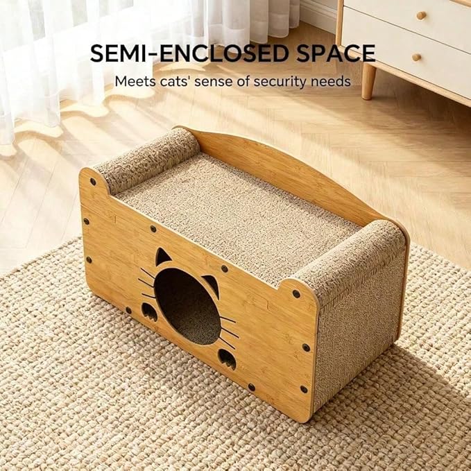 Multi-Function Cat Scratcher House Box,3-in-1 Scratch Pad and Soft Bed & Play Cave with Toys, Durable Build & Ideal for Cats/Kitty (Yellow,FX-SFHXM)
