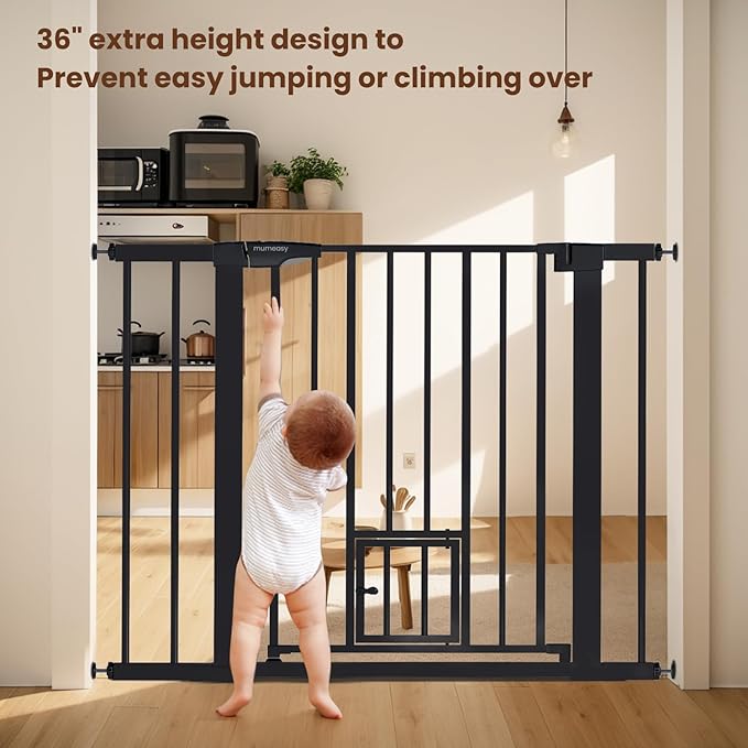 Mumeasy 36" High Extra Tall Baby Gate with Cat Door, 29.6"-40.5" Wide Pressure Mounted Dog Gate with Small Pet Door, Auto Close Pet Gate for House,Stairs,Doorways,Black