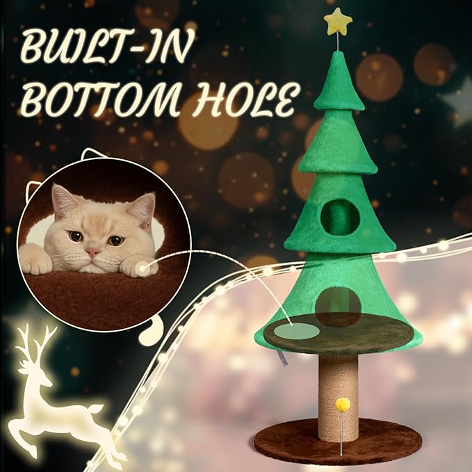 Outvita 59in Large Tall Christmas Tree Cat Tower with 2 Cat Condos & Scratching Post, Soft Fleece Cat Tree with Teaser Toy & Sturdy Base & Built-in Openings for Indoor Cats, Green
