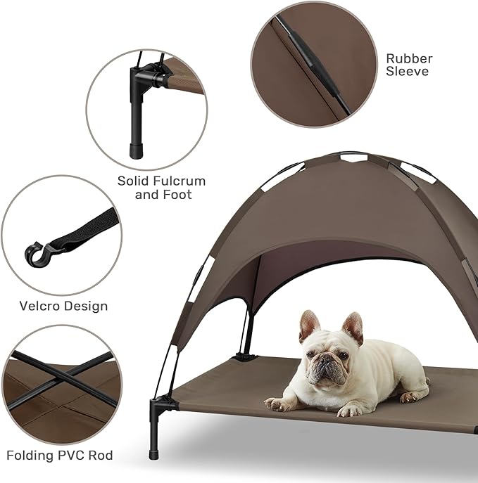 Heeyoo Elevated Dog Bed with Canopy, Portable Dog Cot with Removable Shade Tent, Outdoor Raised Pet Cot Cooling Bed for Dogs