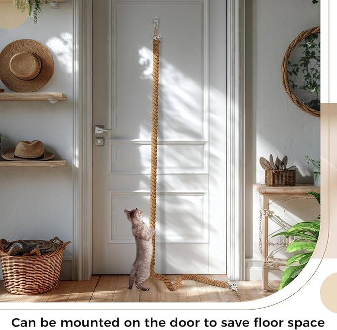 Weysat 1.97'' x 6.7 ft Cat Climbing Jute Rope with Hook Ceiling Wall Mounted Kitten Scratching Post Climbing Rope Toy for Indoor Outdoor Cats