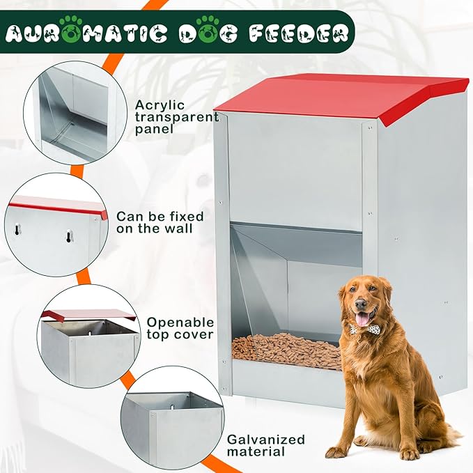2 Pcs 50 Lbs Large Automatic Dog Feeders with Handle Acrylic Panel Galvanized Gravity Feeder Outdoor Hanging for Doggie Breed Dog Food Dispenser Container(Red)