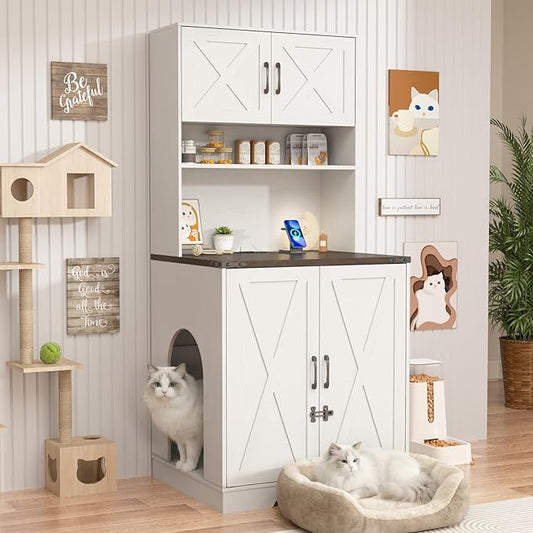71Inches Tall Cat Litter Box Enclosure for Cats W/Power Outlets,Open Shelves.Wooden Pet Washroom Furniture W/Locks,Cabinet.White Indoor Cats House,Hidden Cat Litter Box for Living Room,Bedroom