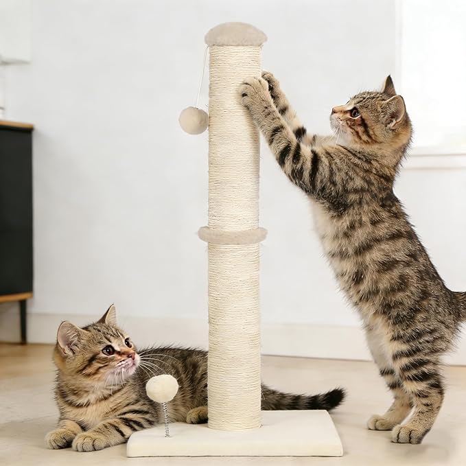 22" Small Cat Scratching Post, 3-in-1 Durable Sisal Vertical Cat Scratcher Post with Hanging Ball, Soft Fabric Stable Base Cat Scratch Pole for Kittens or Smaller Cats, Beige