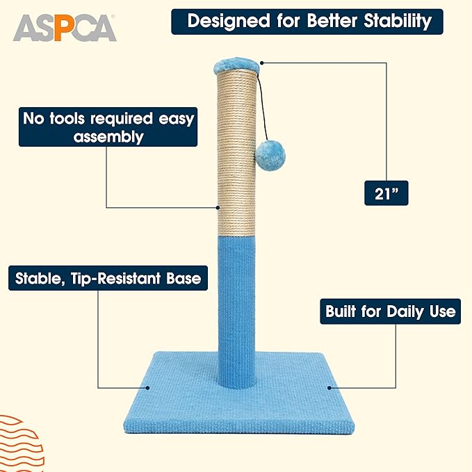 ASPCA Cat Scratching Post for Indoor Cats – Compact Sisal Rope Scratcher with Hanging Teaser Toy – Space-Saving Scratching Post for Kittens & Small to Medium Cats