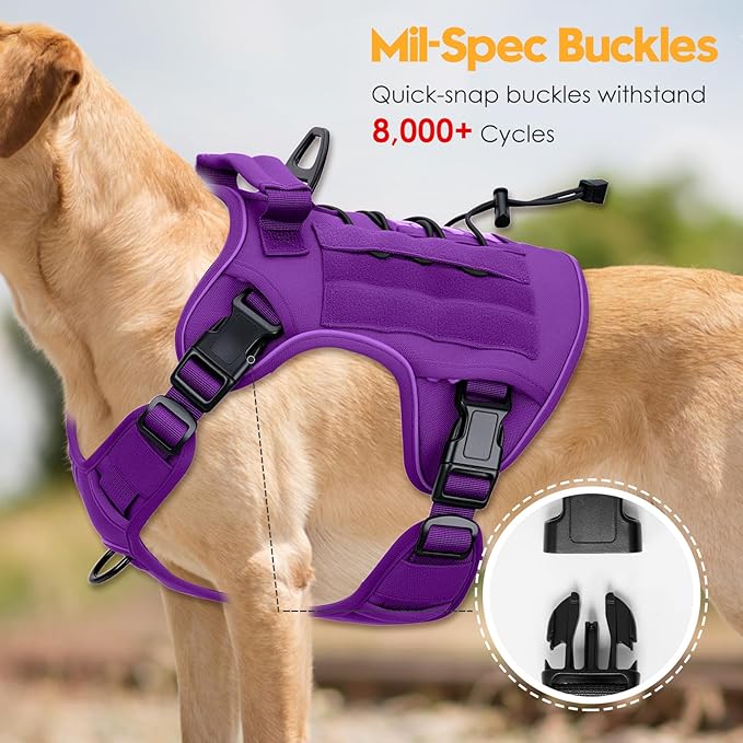 Heavy-Duty Tactical Dog Harness for Large Dogs, No Pull Adjustable Reflective Pet Vest with Molle System, K9 Military-Grade Control for Service Training, Outdoor & 10+ Breeds, Purple, XX-Large