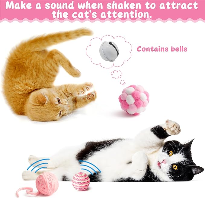 MALLMALL6 Cat Interactive Toys Set - 27Pcs Kitten Toys Stuff Pink Feather Teaser Wand Springs Mice Sisal Fish Crinkle Balls Bell Balls, Puzzle Pack for Indoor Kitty Play Exercise