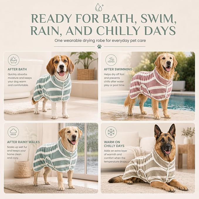 Dog Robe, Towels for Dogs After Bath, Dog Bathrobe for Drying Dogs, Fast Drying Super Absorbent Striped Dog Towel Wrap, Adjustable Warm Pet Bath Supplies (Grey, Large)