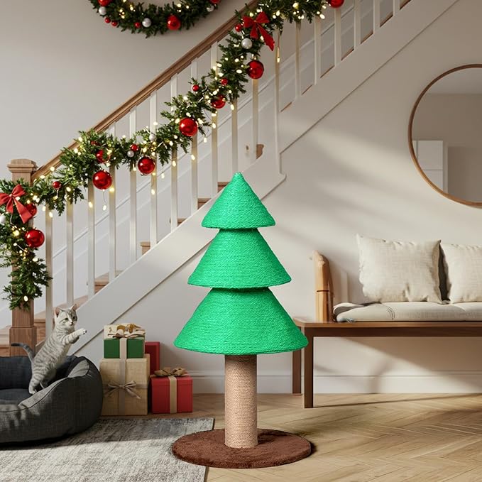 31.5in Christmas Tree Cat Scratcher, Cat Scratching Post Tall Christmas for Adult,Cat Scratching Post for Indoor, Large Sisal Cat Scratching Tree Tower, Green