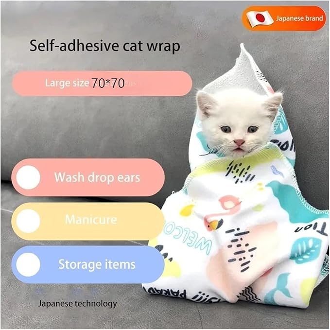 Cat Grooming Wrap - Self-Adherent Restraint for Nail Trimming - Anti-Scratch Swaddle Burrito Wrap