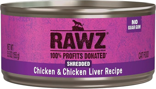 Rawz Natural Premium Shredded Canned Cat Wet Food - Made with Real Meat Ingredients No BPA or Gums - 5.5oz Cans 24 Count (Chicken & Chicken Liver)